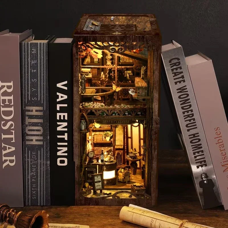 Diy Wooden Book Nook Kit Shelf Insert - 세레니티 커피 하우스 책장 홈 데코레이션,